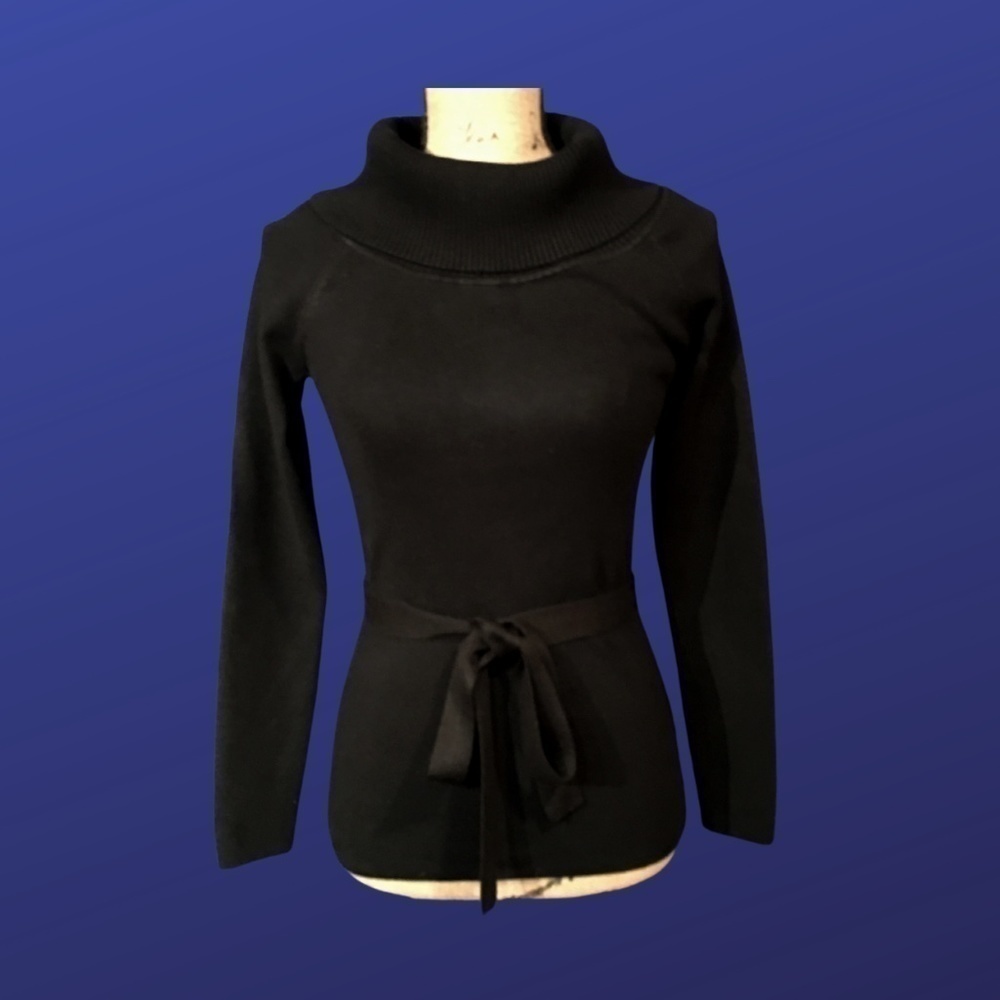 ADRIENNE VITTADINI STUDIO Ribbed/Belted Cowl/Turtleneck, BLACK, Size Small, NWOT